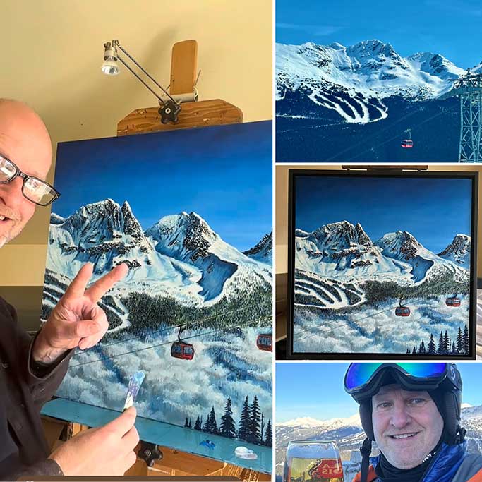 Whistler commission collage showing the mountain reference, Graham painting at his easel and the framed artwork